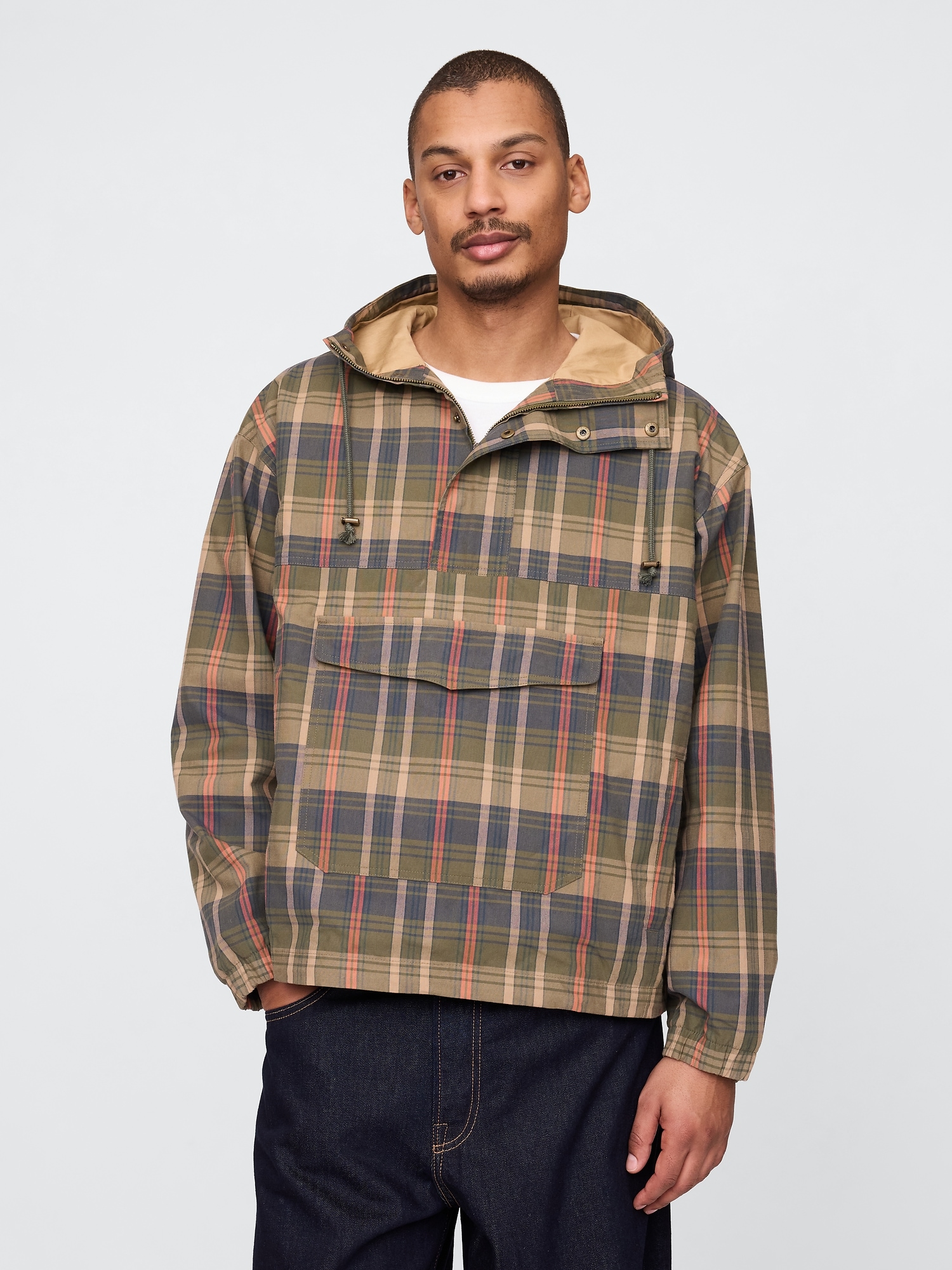 Oversized Plaid Canvas Anorak Jacket
