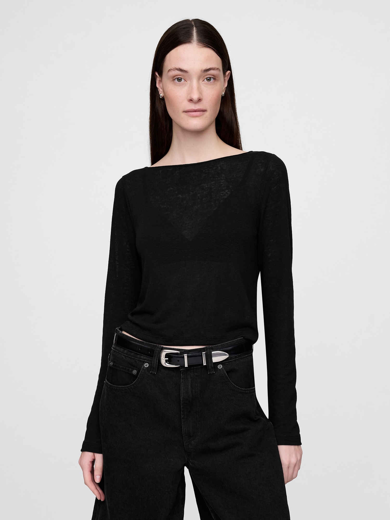 Linen-Blend Boatneck Crop T-Shirt