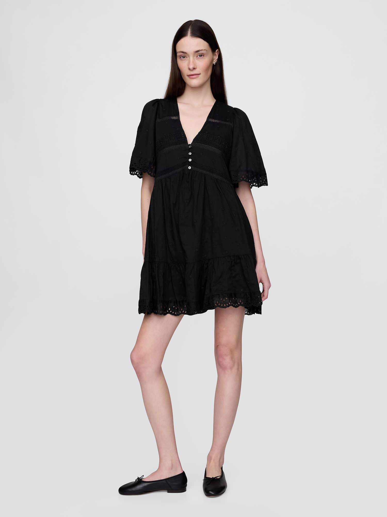 Flutter-Sleeve Eyelet Mini Dress
