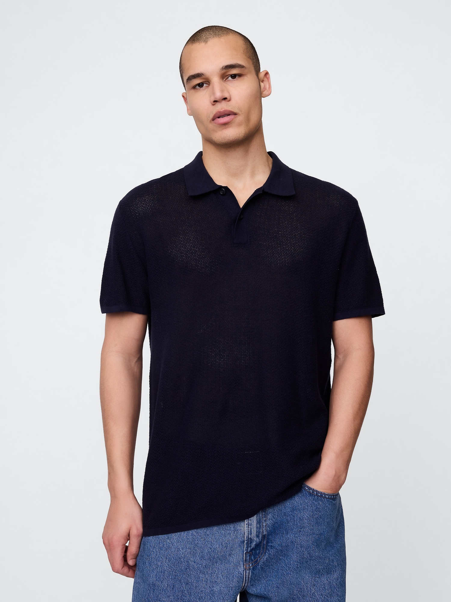 Textured Crochet Polo Shirt