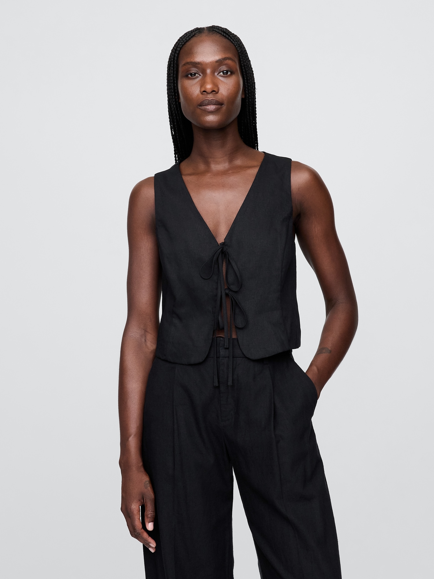 Linen-Blend Tie-Front Crop Vest