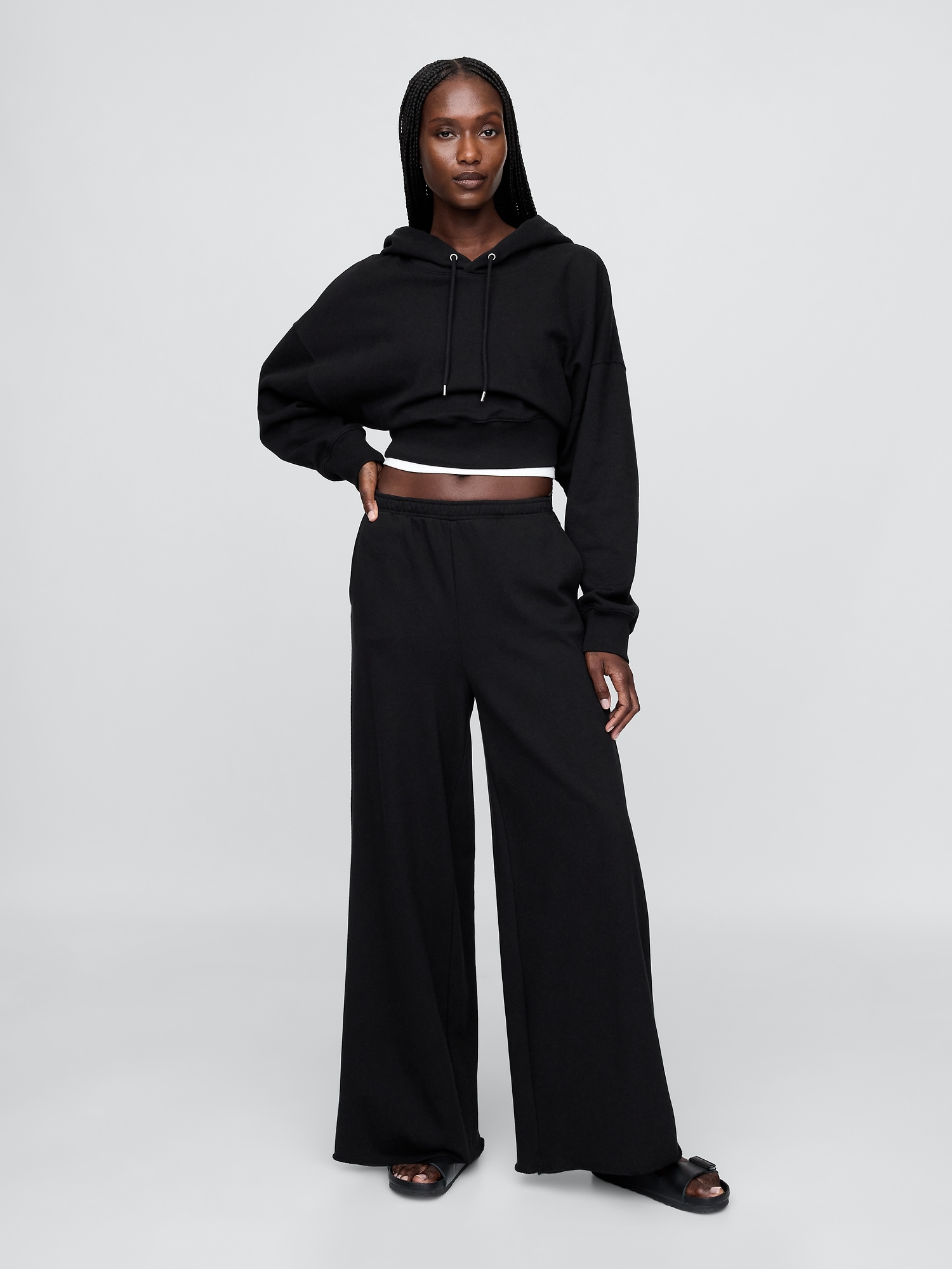 French Terry Wide-Leg Rolled-Hem Sweatpants